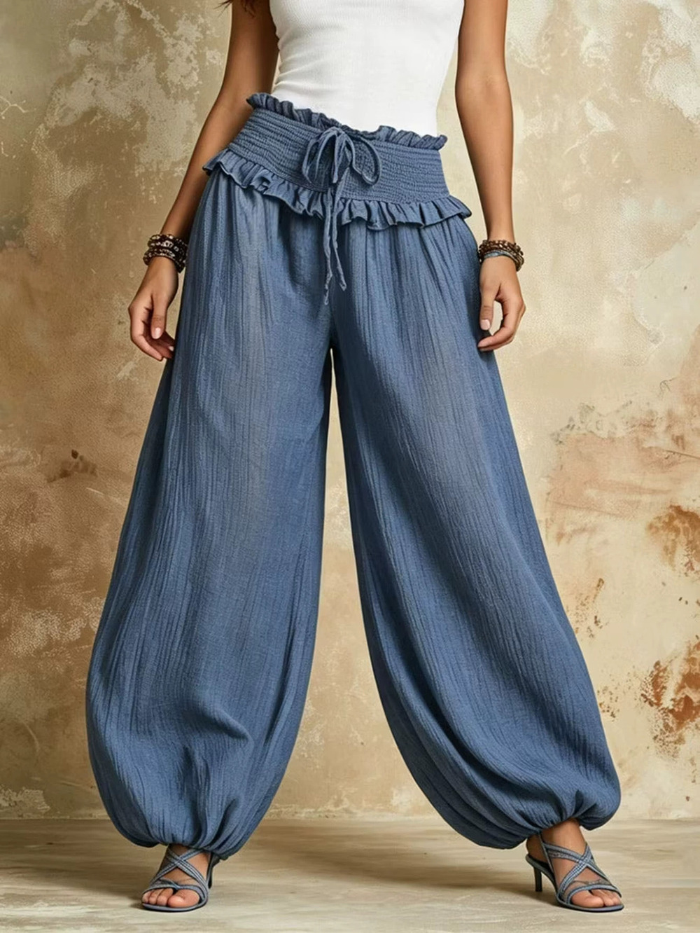 ZARA High Waist Wide Leg Ruffle Hem Flowy Pants